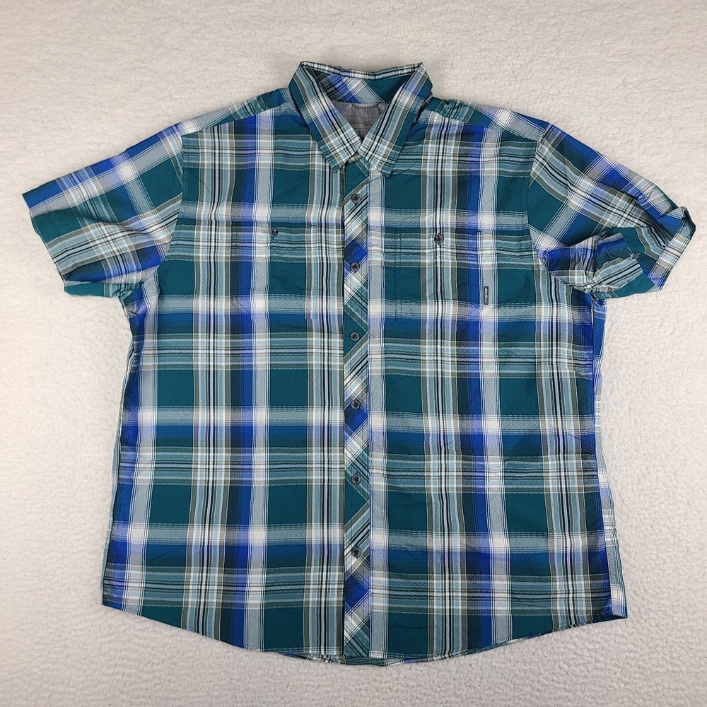 Eddie‎ Bauer TraveX Shirt Mens 2XL XXL Blue Green Plaid Classic Casual Button Up